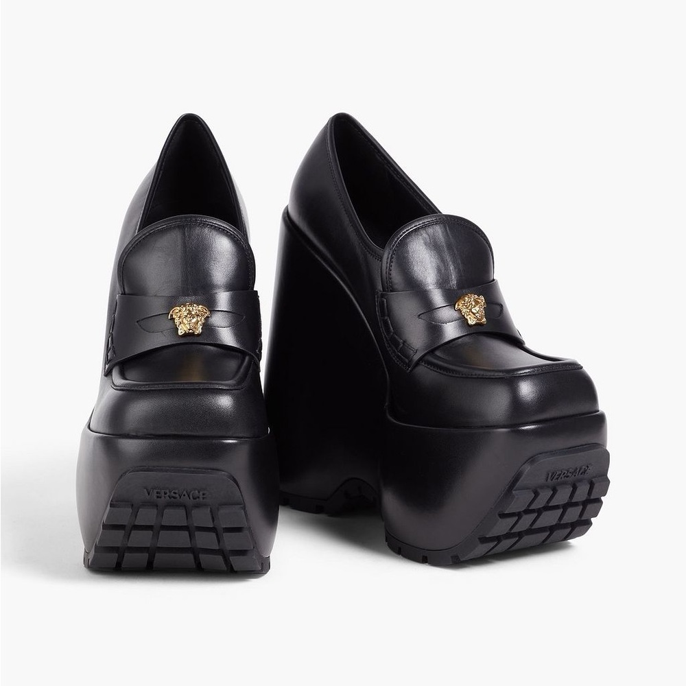 VERSACE
La Medusa leather wedge loafers